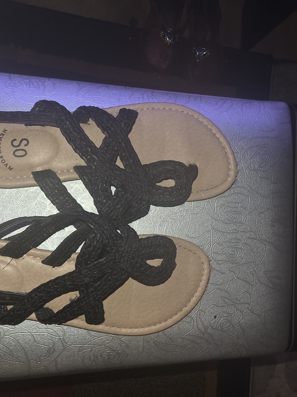 SO Women's Black Braided Rope Sandals with Tan Footbed